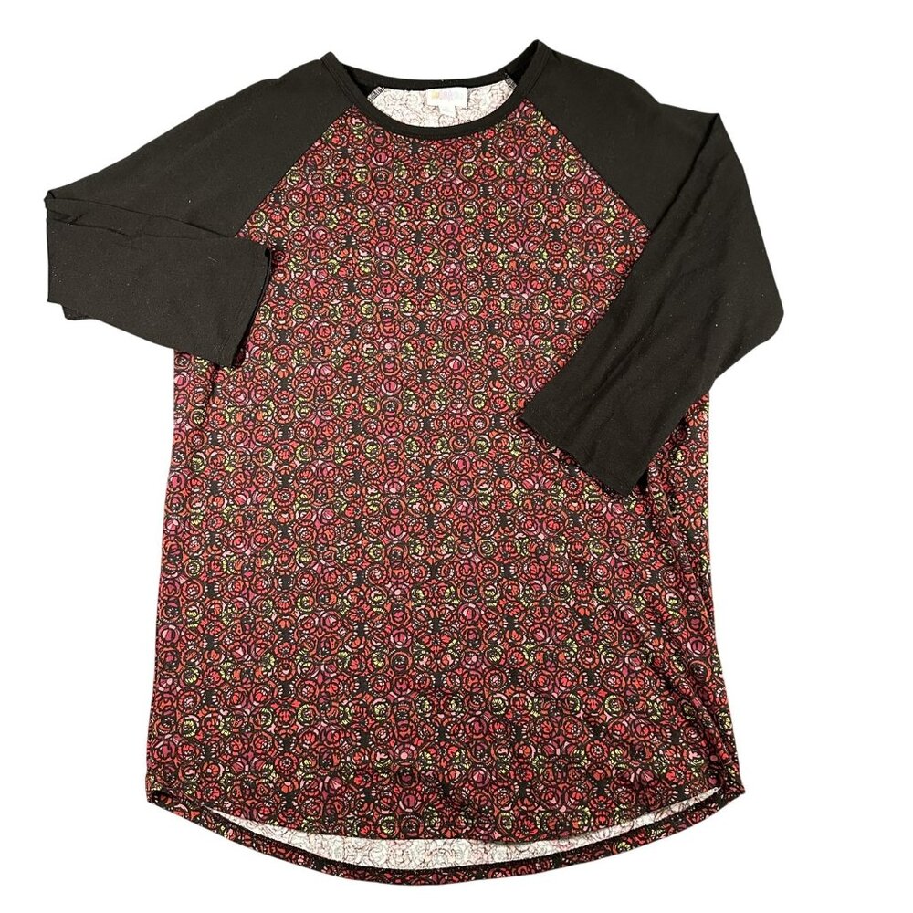 LuLaRoe Randy Shirt Womens Lrg Black Red Raglan Floral Baseball‎ Tee Stretch Top